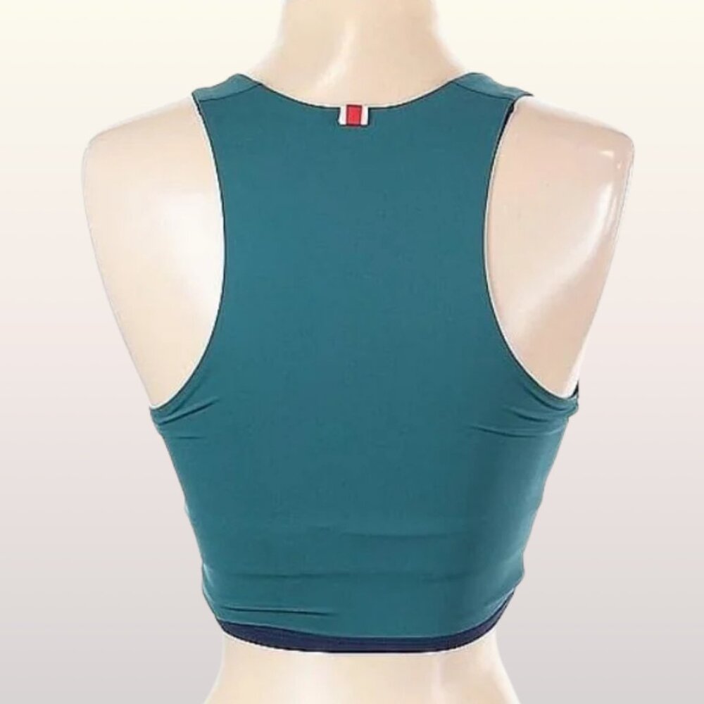 Tracksmith Bell Lap Crop Top size Medium Everglade Green Navy Sash Rabbit Logo - Picture 4 of 7